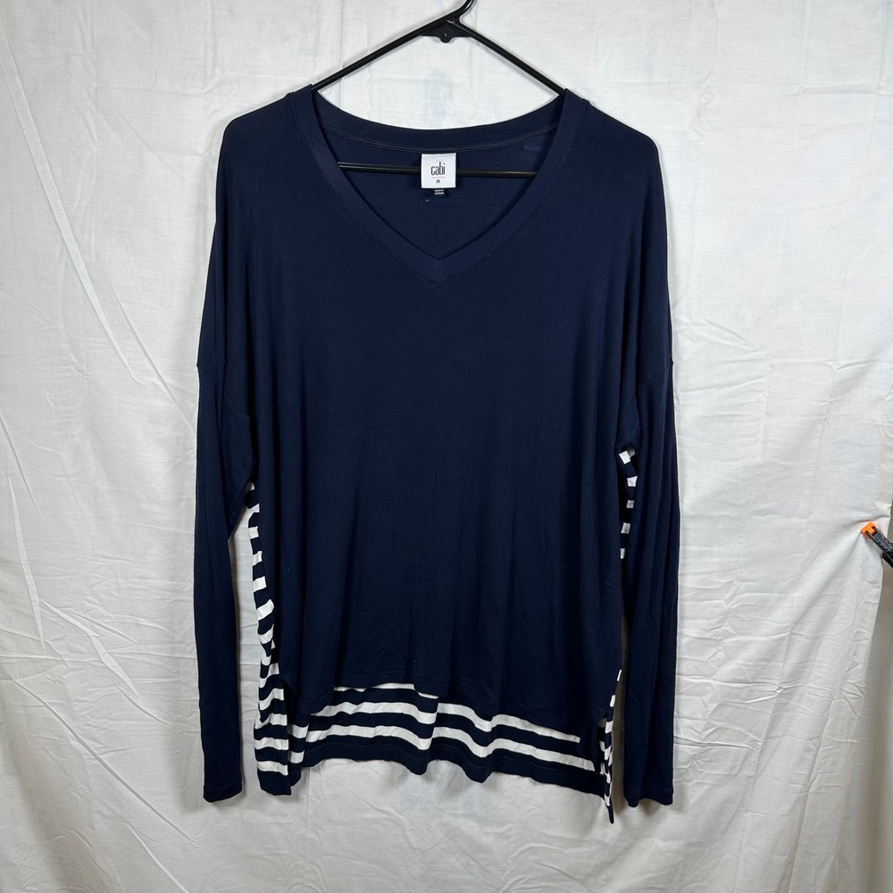 Cabi Navy Stripe Layered Hem V-Neck Long Sleeve Top Medium